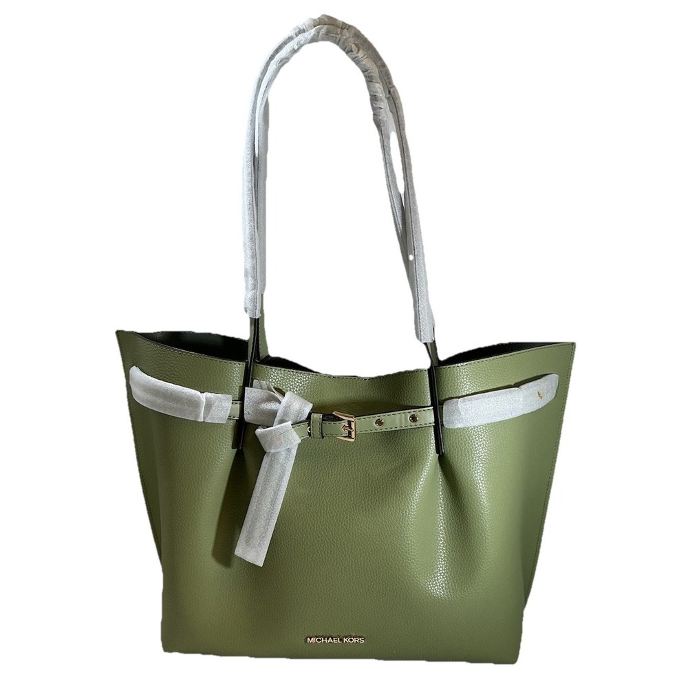 NWT Michael Kors Emilia Large Belted Tote Bag Sage Green‎ Pebbled Leather